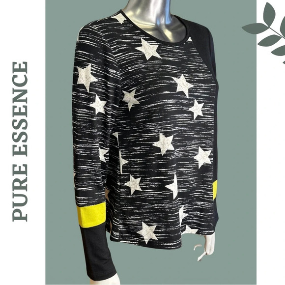 Pure Essence Long Sleeve Knit Top Color Block Star Print Back Yellow White - Picture 8 of 8